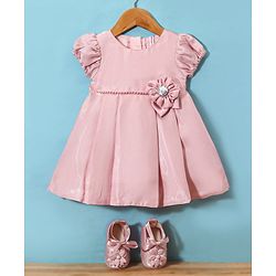 Babyhug  Woven Half Puffed Sleeves Fit & Flared Party Frock with Booties  Floral Applique - Beige