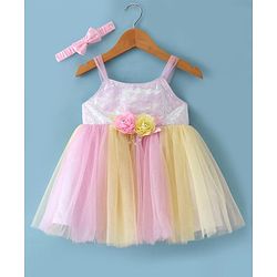 Babyhug Woven Sleeveless Mesh Dress With Sequinned Yoke & Headband - Multicolour