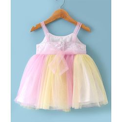Babyhug Woven Sleeveless Mesh Dress With Sequinned Yoke & Headband - Multicolour