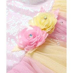 Babyhug Woven Sleeveless Mesh Dress With Sequinned Yoke & Headband - Multicolour
