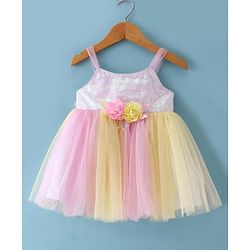 Babyhug Woven Sleeveless Mesh Dress With Sequinned Yoke & Headband - Multicolour
