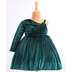 Babyhug Velvet Woven Full Sleeves Fit & Flared Party Frock with Floral Applique - Green