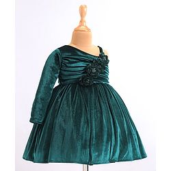 Babyhug Velvet Woven Full Sleeves Fit & Flared Party Frock with Floral Applique - Green