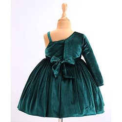 Babyhug Velvet Woven Full Sleeves Fit & Flared Party Frock with Floral Applique - Green