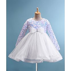 Babyhug Woven Full Sleeves Fit & Flare Party Frock with Sequinned Yoke & Bow Applique- White