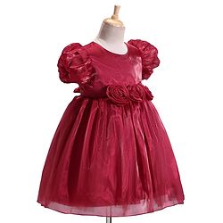 Babyhug Woven Half Puffed Sleeves Fit & Flared Solid Party Frock with Floral Applique - Red