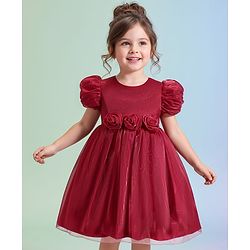 Babyhug Woven Half Puffed Sleeves Fit & Flared Solid Party Frock with Floral Applique - Red