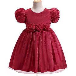Babyhug Woven Half Puffed Sleeves Fit & Flared Solid Party Frock with Floral Applique - Red