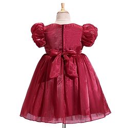 Babyhug Woven Half Puffed Sleeves Fit & Flared Solid Party Frock with Floral Applique - Red