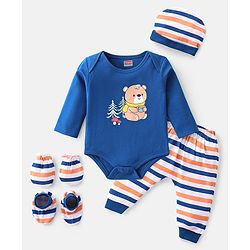 Babyhug 100% Cotton Knit Full Sleeves With Bear Print Onesie with Striped Leggings and Cap Mittens Booties-Navy Blue