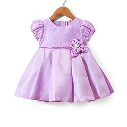 Babyhug  Woven Half Puffed Sleeves Fit & Flared Party Frock with Booties Floral Applique - Red