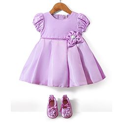 Babyhug  Woven Half Puffed Sleeves Solid Colour Party Frock with Floral Applique Lace Detailing & Pair of Booties - Sea Green