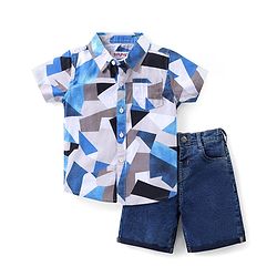Babyhug Cotton Knit Half Sleeves Shirt & Denim Shorts Set With Abstract Print - Multicolor