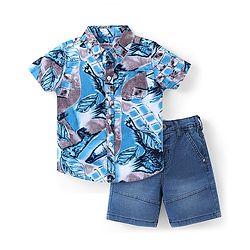 Babyhug Cotton Woven Half Sleeves Shirt & Denim Shorts Set With Leafy Print - Blue