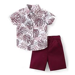 Babyhug Cotton Woven Half Sleeves Tropical Printed Shirt & Shorts Set - Maroon