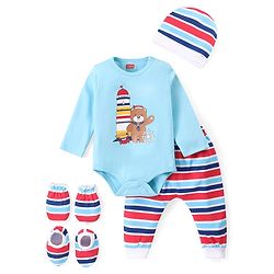 Babyhug 100% Cotton Knit Full Sleeves Teddy Printed Onesie with Leggings Cap Mitten & Booties - Multicolour