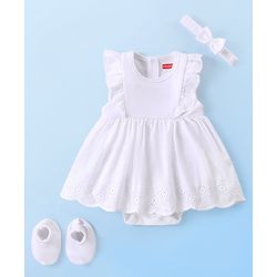 Babyhug 100% Cotton Knit Sleeveless Frock Style Onesie with Hairband & Booties Schiffili Design - White