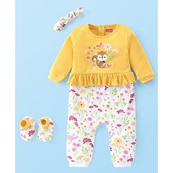 Babyhug 100% Cotton Knit Full Sleeves Romper with Hair Band & Booties Floral Print - Yellow & White
