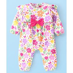 Babyhug 100% Interlock Cotton Knit Full Sleeves Rompers With Floral Print & Bow Applique - Multicolour