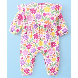 Babyhug 100% Interlock Cotton Knit Full Sleeves Rompers With Floral Print & Bow Applique - Multicolour