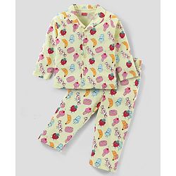 Babyhug Single Jersey Knit Full Sleeves Night Suit With Fruit Doodles Print - Yellow