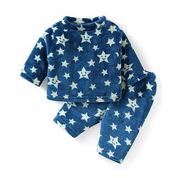Babyhug Velour Knit Full Sleeves Winter Wear Night Suit With Stars Print - Navy Blue