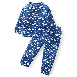 Babyhug Velour Knit Full Sleeves Winter Wear Night Suit with Cloud Print - Navy Blue