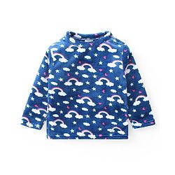 Babyhug Velour Knit Full Sleeves Winter Wear Night Suit with Cloud Print - Navy Blue