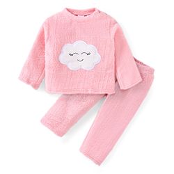 Babyhug Velour Knit Full Sleeves Winter Wear Night Suit with Cloud Patch - Pink