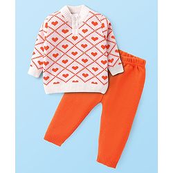 Babyhug Knit Full Sleeves Sweater Set with Heart Design -Orange & Off White