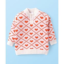 Babyhug Knit Full Sleeves Sweater Set with Heart Design -Orange & Off White