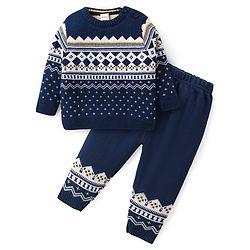 Babyhug Knit Full Sleeves Sweater Set with Aztec Design -Navy Blue