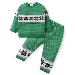 Babyhug Knit Full Sleeves Sweater Set with Intarsia Design -Light Green