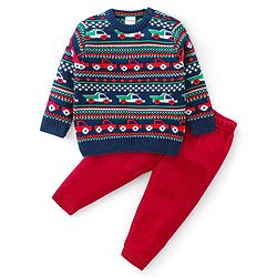 Babyhug Knit Full Sleeves Sweater Set with Aztec & Cars Design - Multicolour