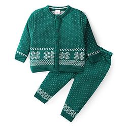 Babyhug Knit Full Sleeves Front Open Sweater Set with Polka Dot Design - Green
