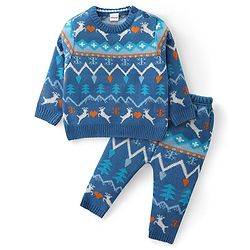 Babyhug Knit Full Sleeves Sweater Set with Aztec & Reindeer Design - Blue