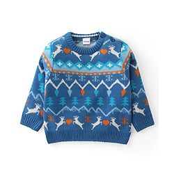 Babyhug Knit Full Sleeves Sweater Set with Aztec & Reindeer Design - Blue