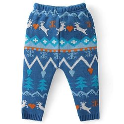 Babyhug Knit Full Sleeves Sweater Set with Aztec & Reindeer Design - Blue