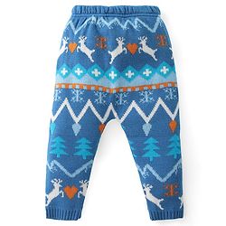 Babyhug Knit Full Sleeves Sweater Set with Aztec & Reindeer Design - Blue