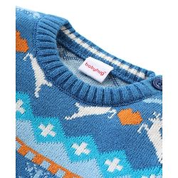 Babyhug Knit Full Sleeves Sweater Set with Aztec & Reindeer Design - Blue