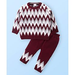 Babyhug Knitted Full Sleeves Pullover Sweater Set with Chevron Design - Maroon