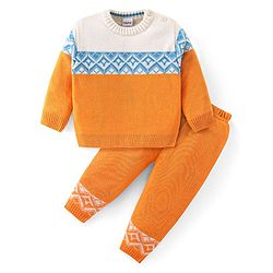 Babyhug Knit Full Sleeves Sweater Set With Colour Block Design - Orange