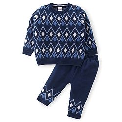 Babyhug Knitted Full Sleeves Pullover Sweater Set with Diamond Design - Navy Blue