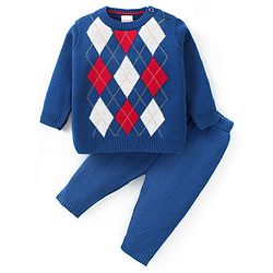 Babyhug Knitted Full Sleeves Sweater Set with Cosby Argyle Design  - Blue