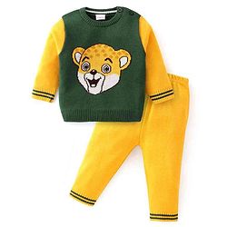 Babyhug Knit Full Sleeves Sweater Set With Animal Design - Green & Yellow