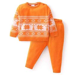 Babyhug Knit Full Sleeves Sweater Set With Floral Design - Orange