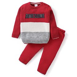 Babyhug Knitted Full Sleeves Pullover Sweater Set with Text Embroidery - Red & Grey