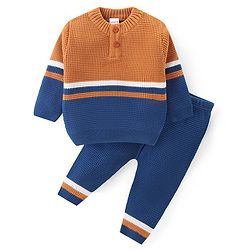 Babyhug Knitted Full Sleeves Pullover Sweater Set With Colour Block Design - Orange & Blue