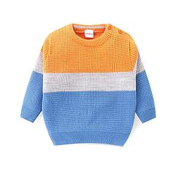 Babyhug Knitted Full Sleeves Pullover Sweater & Pant Set With Colour Block Design - Orange & Blue
