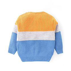 Babyhug Knitted Full Sleeves Pullover Sweater & Pant Set With Colour Block Design - Orange & Blue